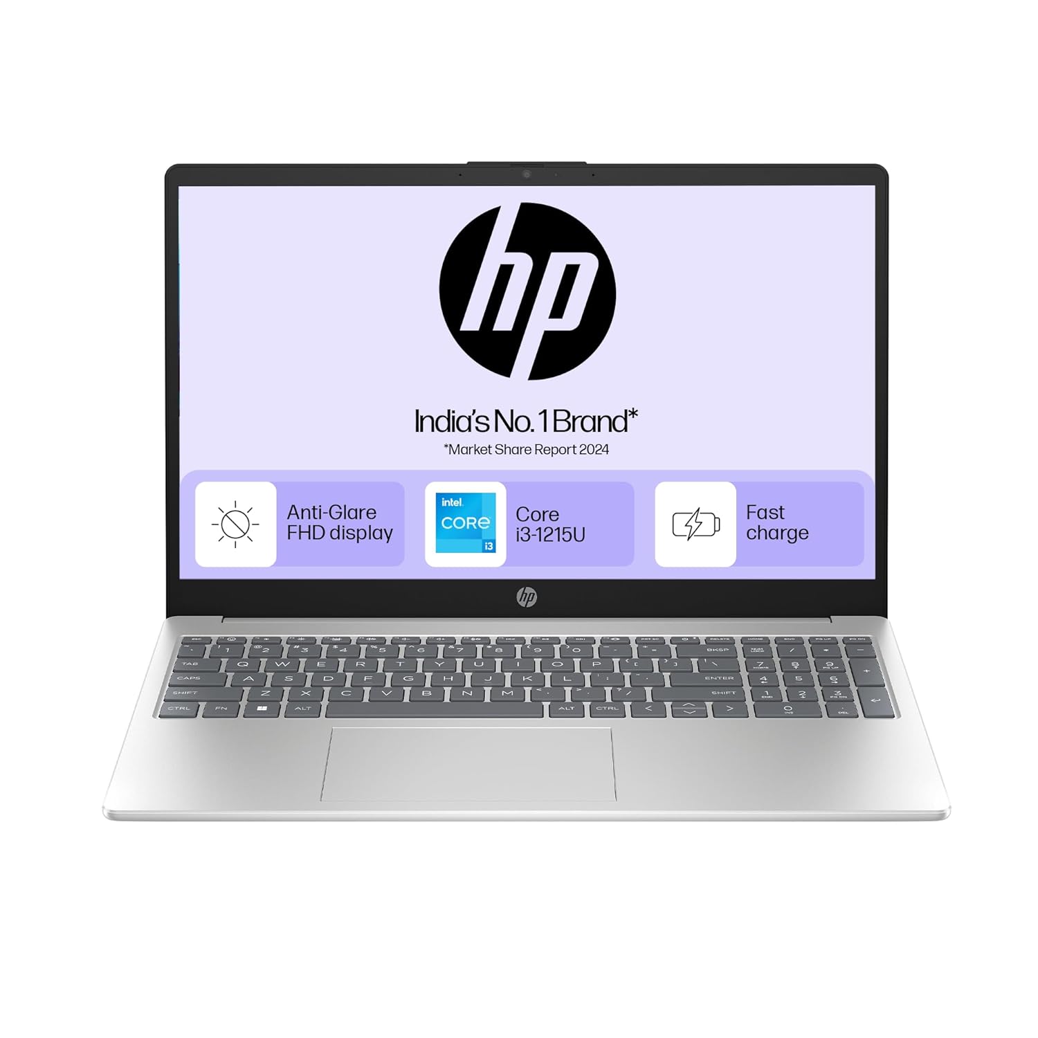 HP 15 i3 laptop with anti-glare FHD display and fast charge feature in silver color