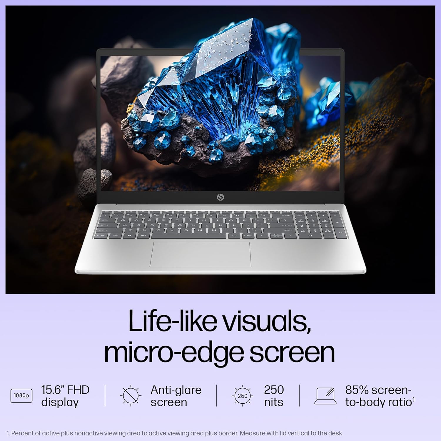 HP 15 i3 laptop with 15.6 inch FHD anti glare micro edge display and 85 percent screen to body ratio