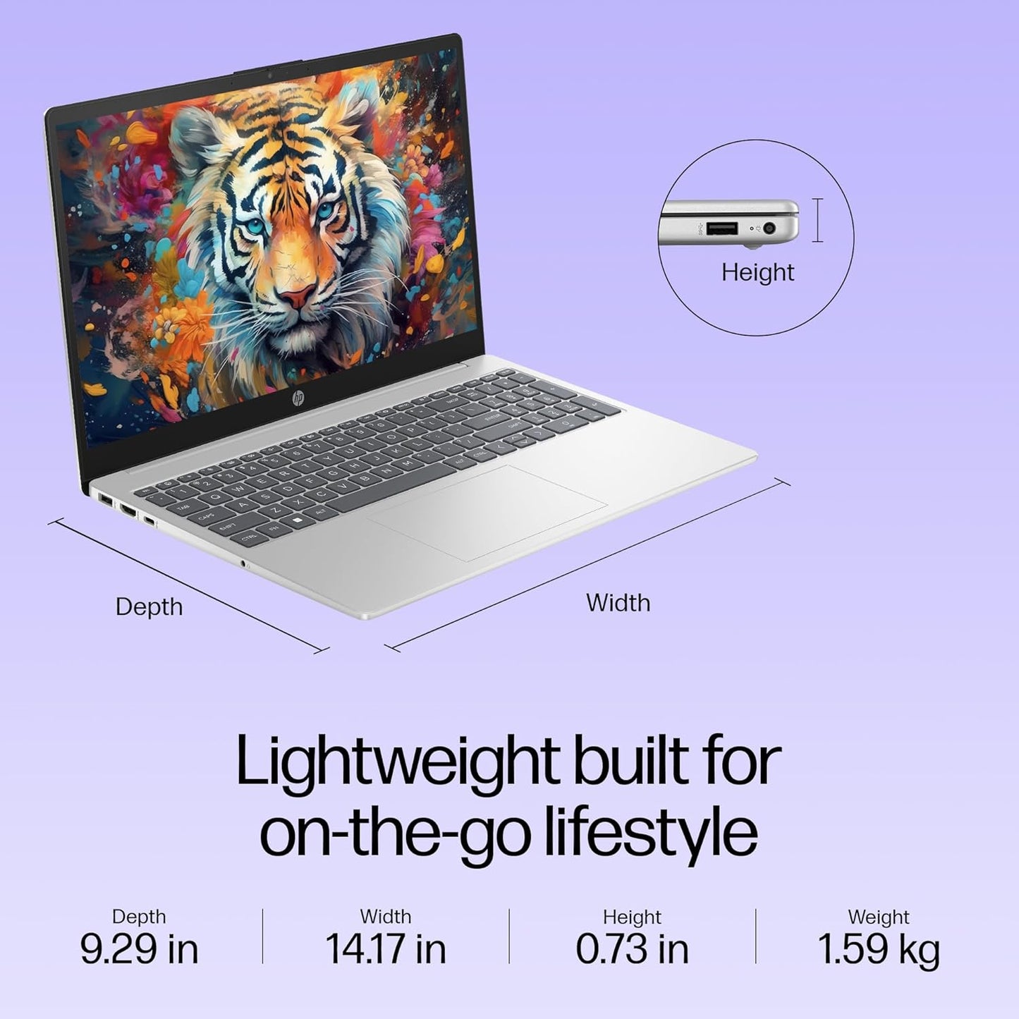 HP 15 i3 laptop in silver showing tiger wallpaper screen with dimensions and lightweight design