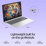 HP 15 i3 laptop in silver showing tiger wallpaper screen with dimensions and lightweight design