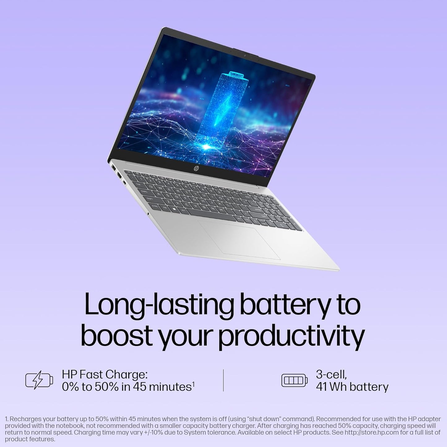 HP 15 i3 laptop with silver body displaying long-lasting battery graphic on screen