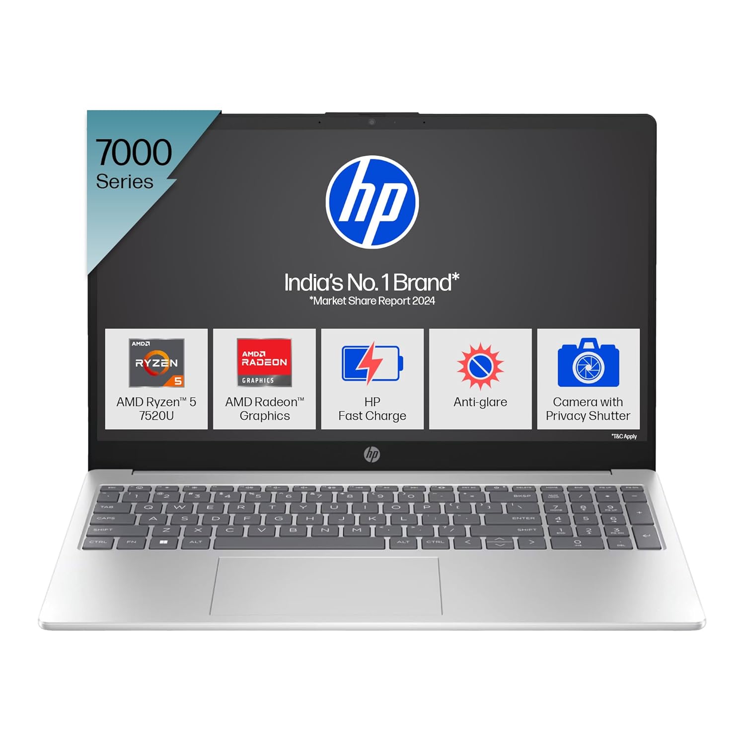 HP 15 Ryzen 5 laptop with AMD Ryzen 5 7520U processor and AMD Radeon graphics, silver design