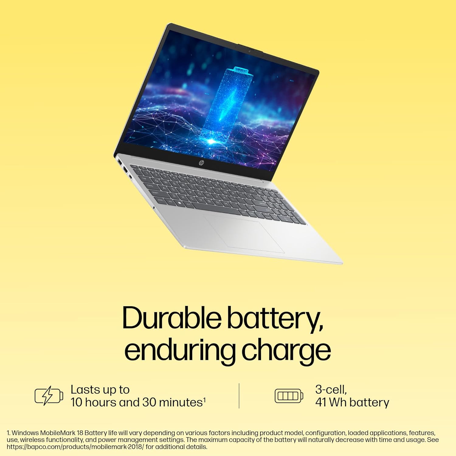 HP 15 Ryzen 5 laptop with durable battery showing charging icon on screen and silver body