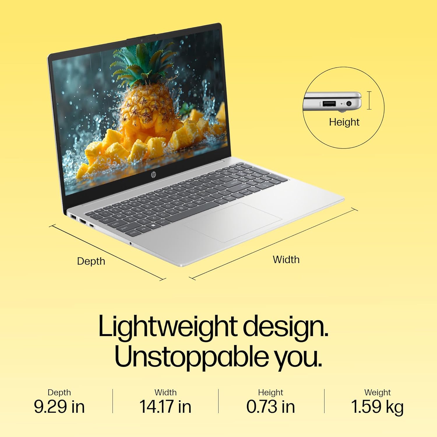 HP 15 Ryzen 5 laptop open showing screen with pineapple image, lightweight silver design with dimensions