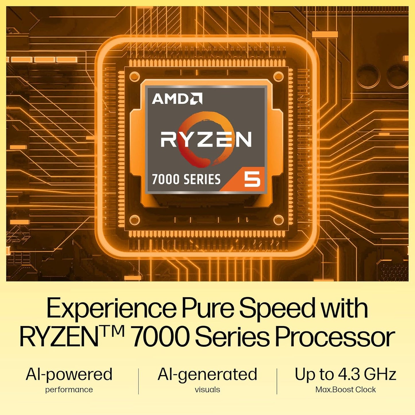 Close-up of AMD Ryzen 7000 Series 5 processor chip highlighting AI-powered performance in HP 15 Ryzen 5 laptop