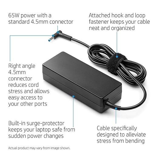 HP 65W laptop charger with right angle 4.5mm connector and built-in surge protector for laptop safety