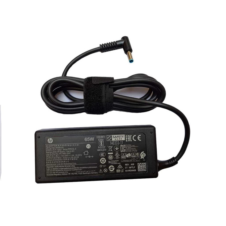 HP 65W laptop charger adapter with black power cord and blue tip connector