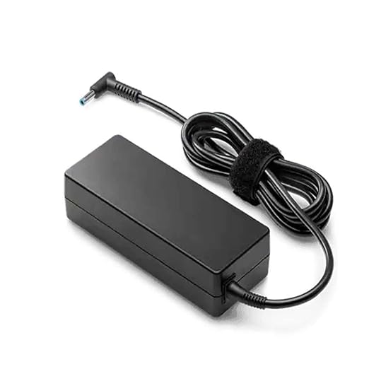HP 65W laptop charger black adapter with attached power cable and right-angle connector