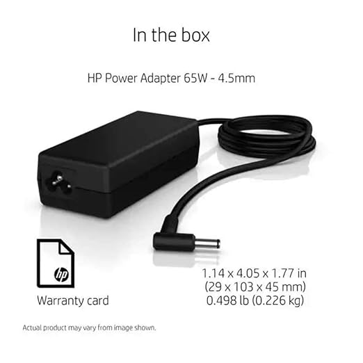 HP 65W laptop charger power adapter with 4.5mm connector and attached power cable black color