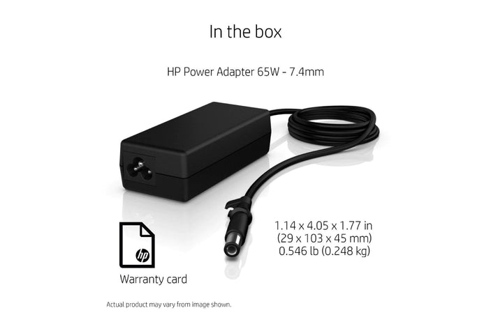 HP 65W laptop charger power adapter with 7.4mm connector and warranty card included
