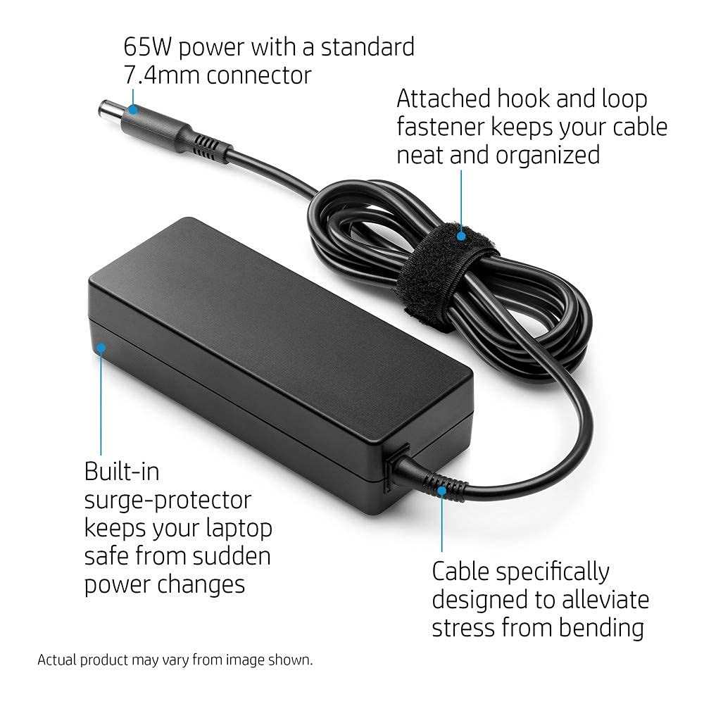HP 65W laptop charger with 7.4mm connector, built-in surge protector, and organized cable with hook and loop fastener