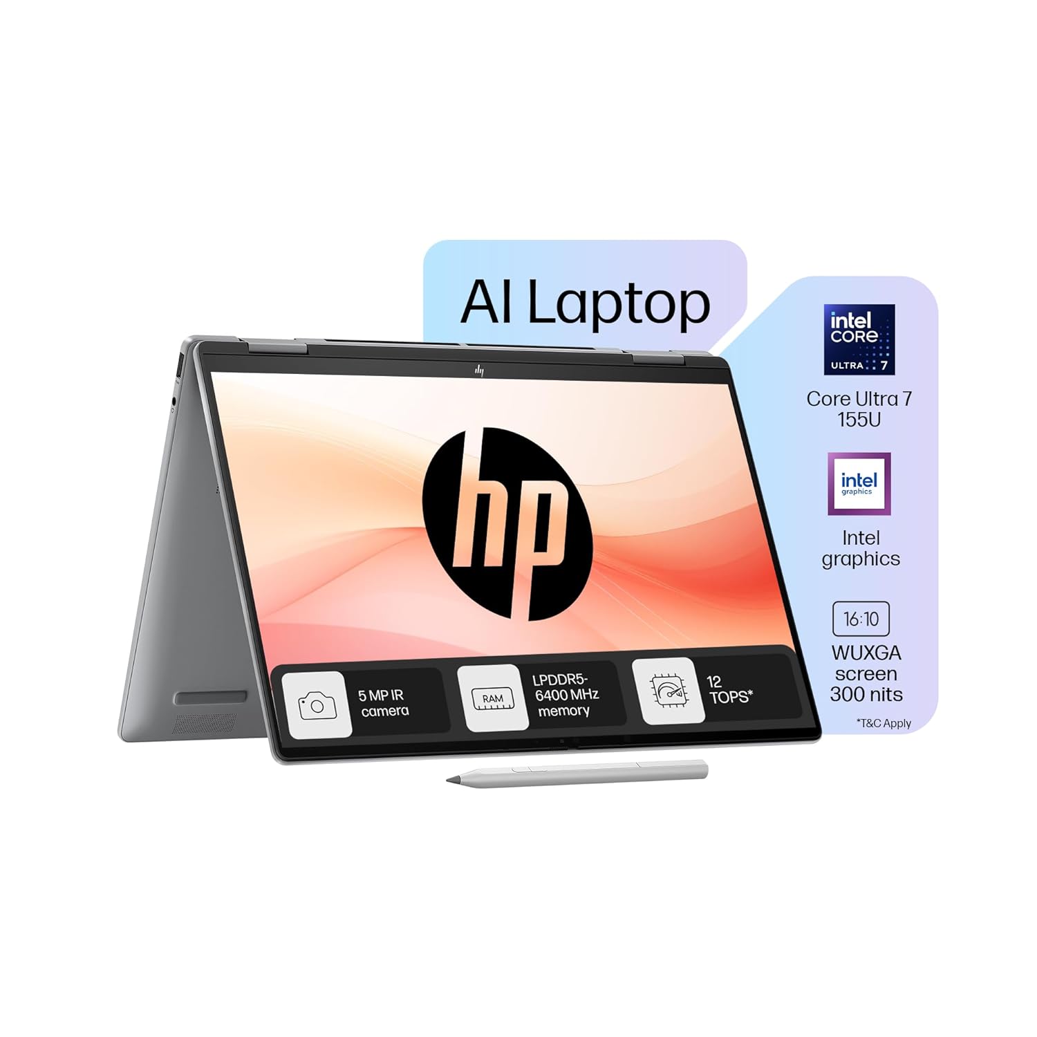 HP Envy x360 14 laptop in tent mode with Intel Core Ultra 7 processor and stylus pen