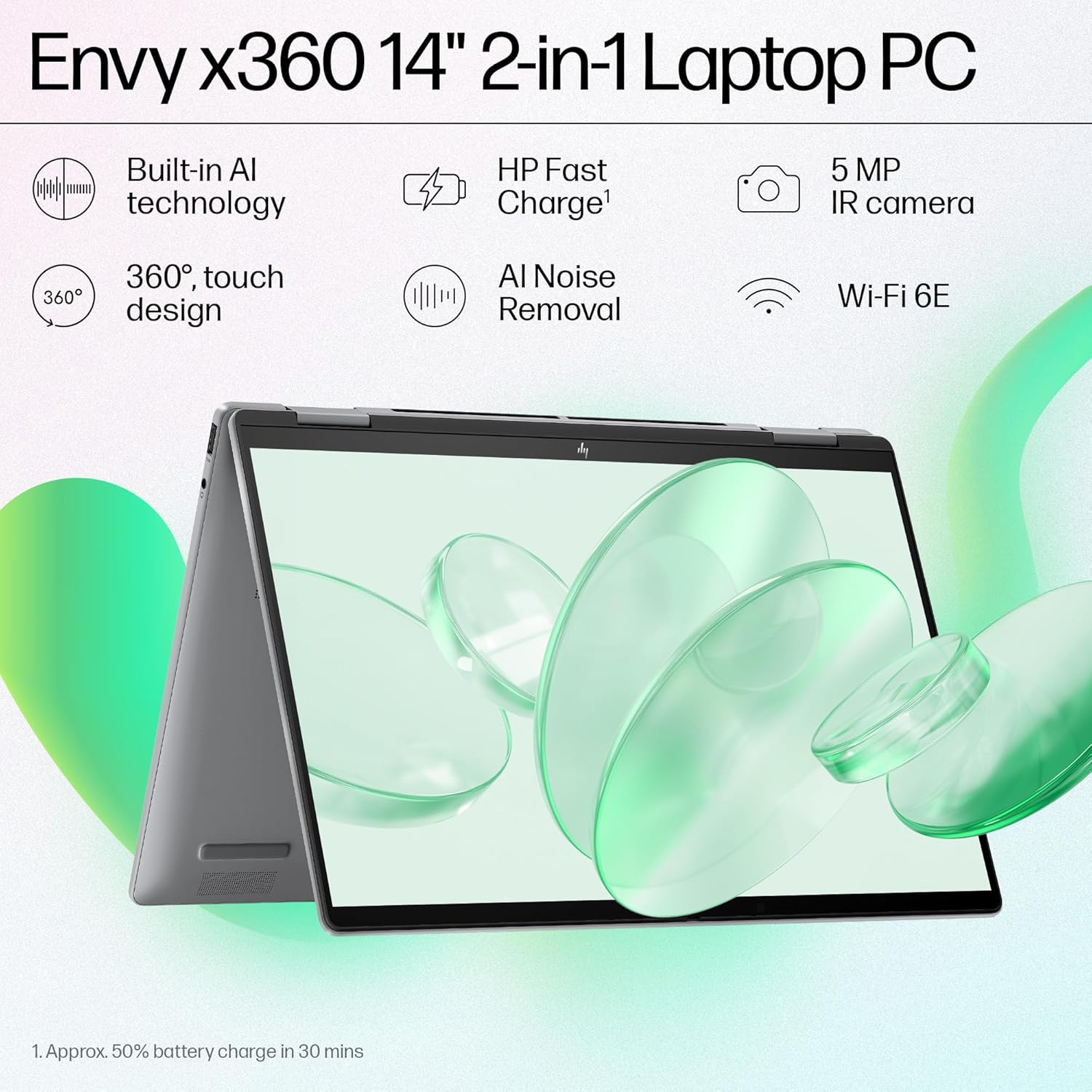HP Envy x360 14 laptop in tent mode showcasing 360-degree touch design with AI features and 5 MP IR camera