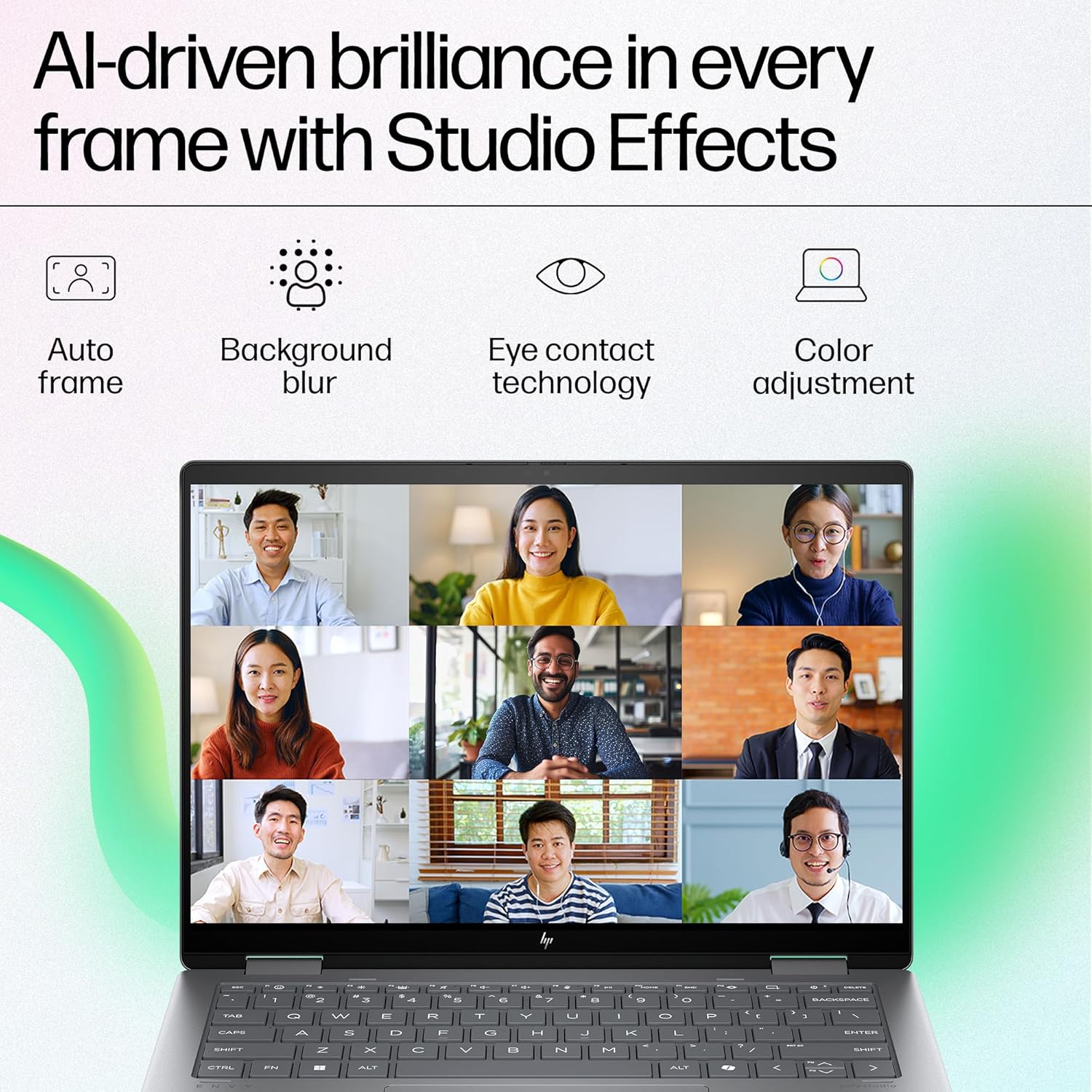 HP Envy x360 14 laptop showing video call with AI-driven auto frame background blur eye contact technology