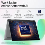 HP Envy x360 14 laptop in tent mode showing Intel Core Ultra 7 processor for faster AI performance and video editing