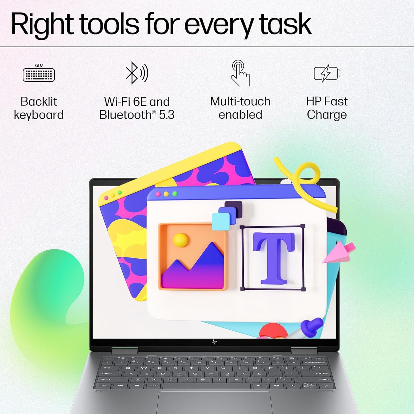 HP ENVY x360 14 Meteor Silver laptop with backlit keyboard multi-touch Wi-Fi 6E and Bluetooth 5.3