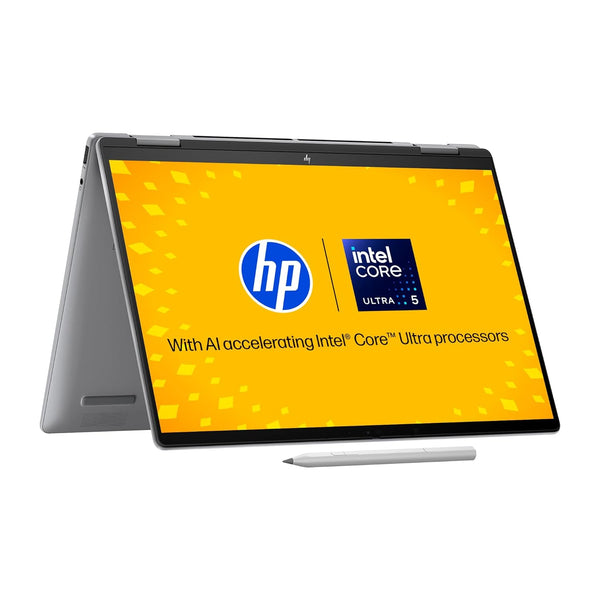 HP ENVY x360 14 Meteor Silver laptop in tent mode with Intel Core i5 processor and stylus pen