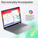 HP ENVY x360 14 Meteor Silver laptop open showing AI companion software on screen