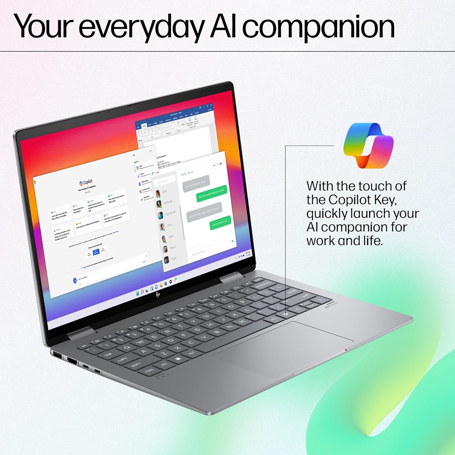 HP ENVY x360 14 Meteor Silver laptop open showing AI companion software on screen