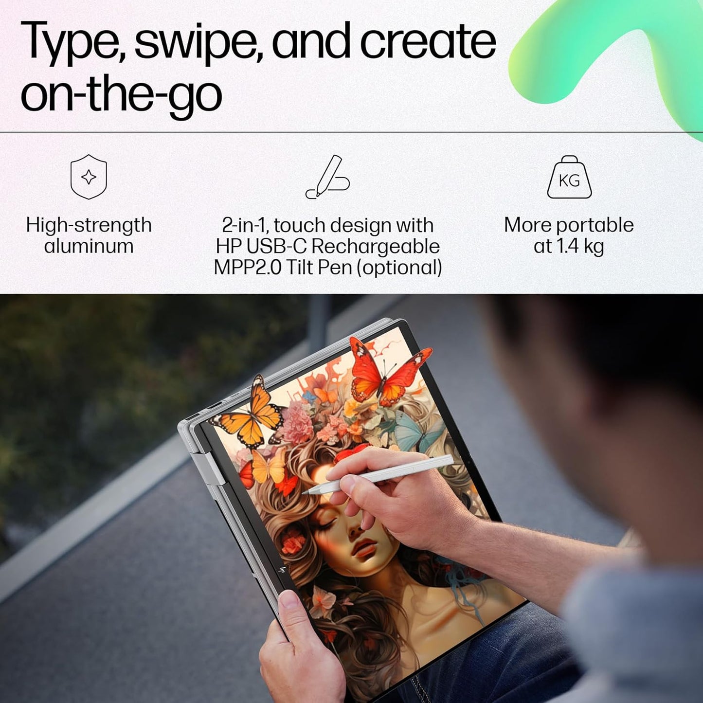 Person using HP ENVY x360 14 Meteor Silver laptop in tablet mode with stylus drawing butterflies and flowers