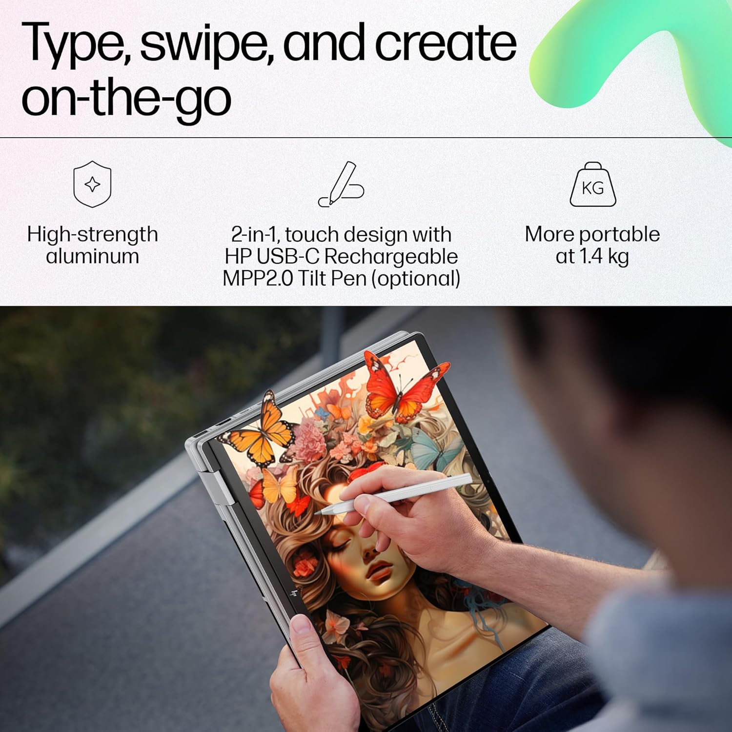 Person using HP ENVY x360 14 Meteor Silver laptop in tablet mode with stylus drawing butterflies and flowers