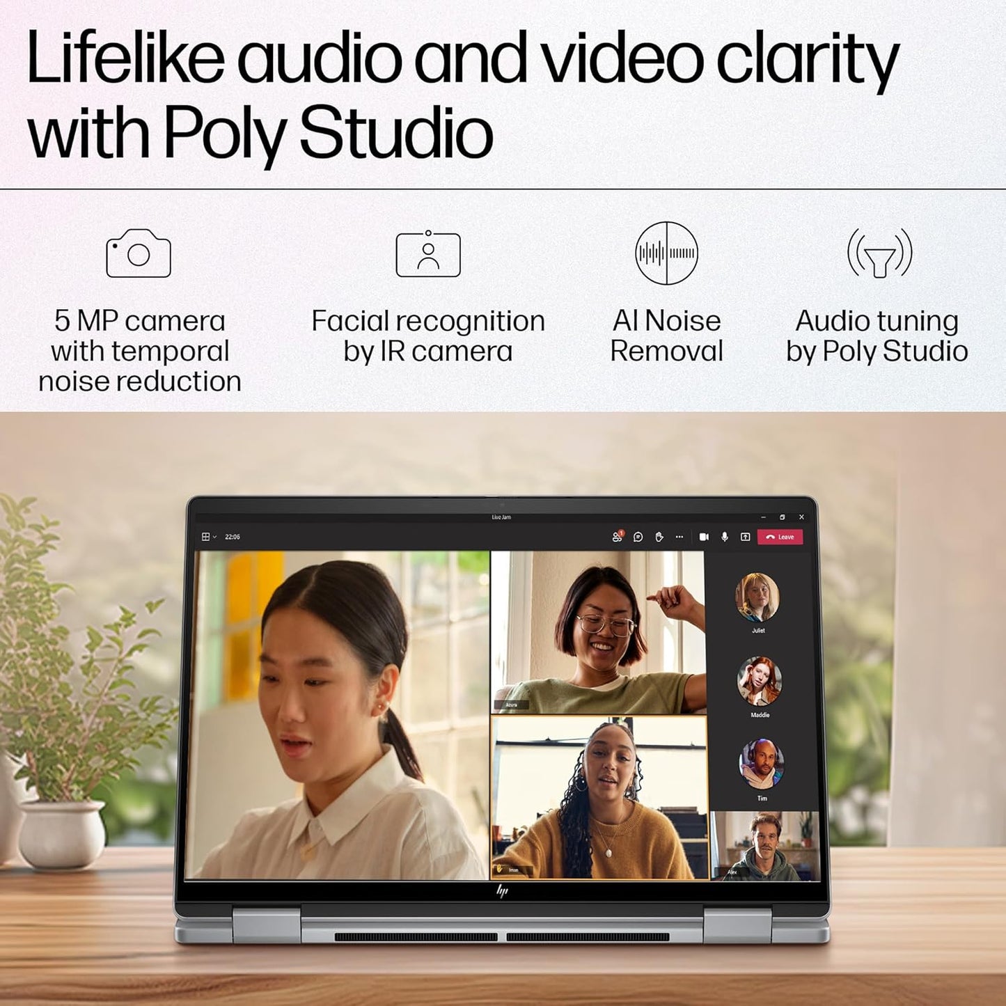 HP ENVY x360 14 Meteor Silver laptop showing video call with lifelike audio and video clarity features