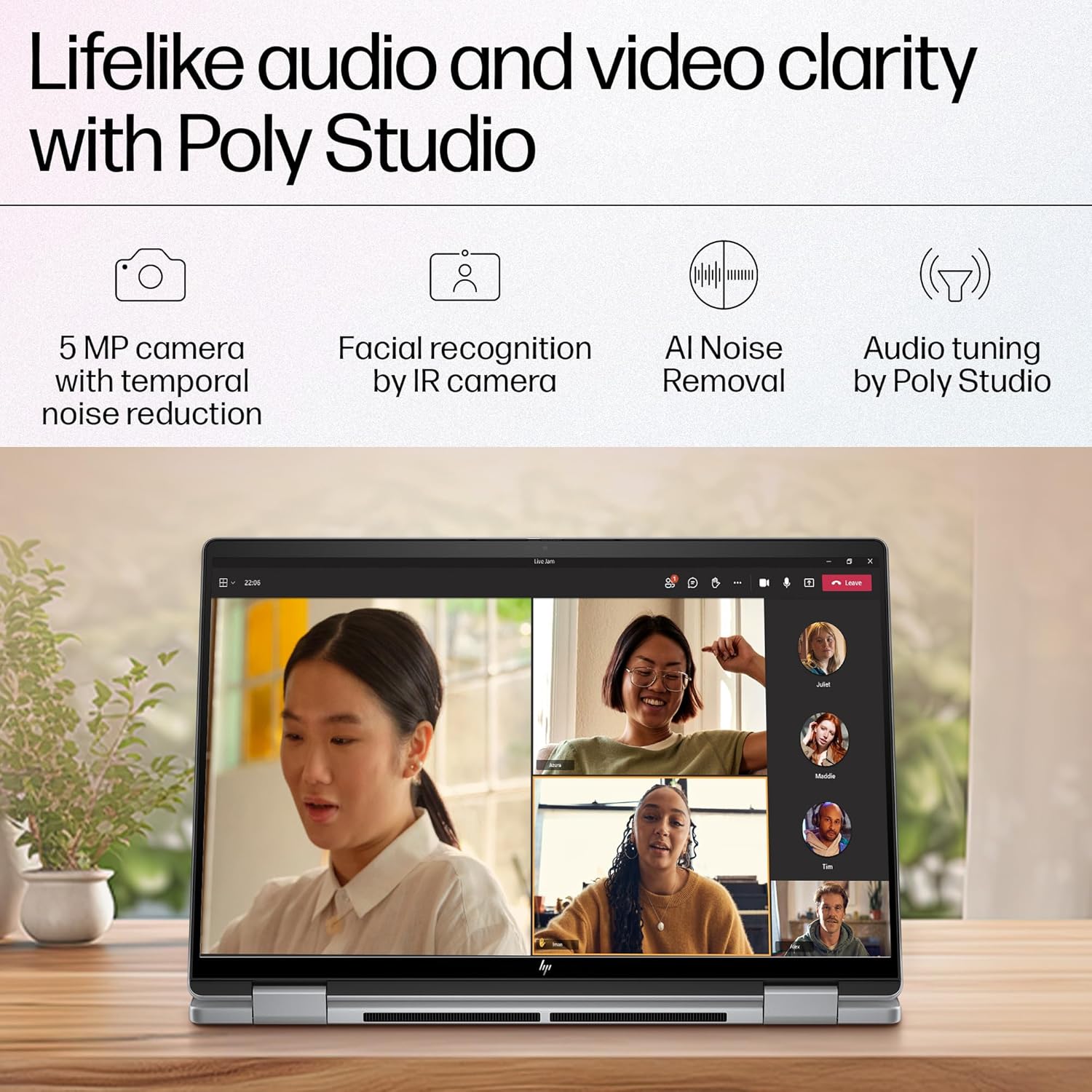 HP ENVY x360 14 Meteor Silver laptop showing video call with lifelike audio and video clarity features