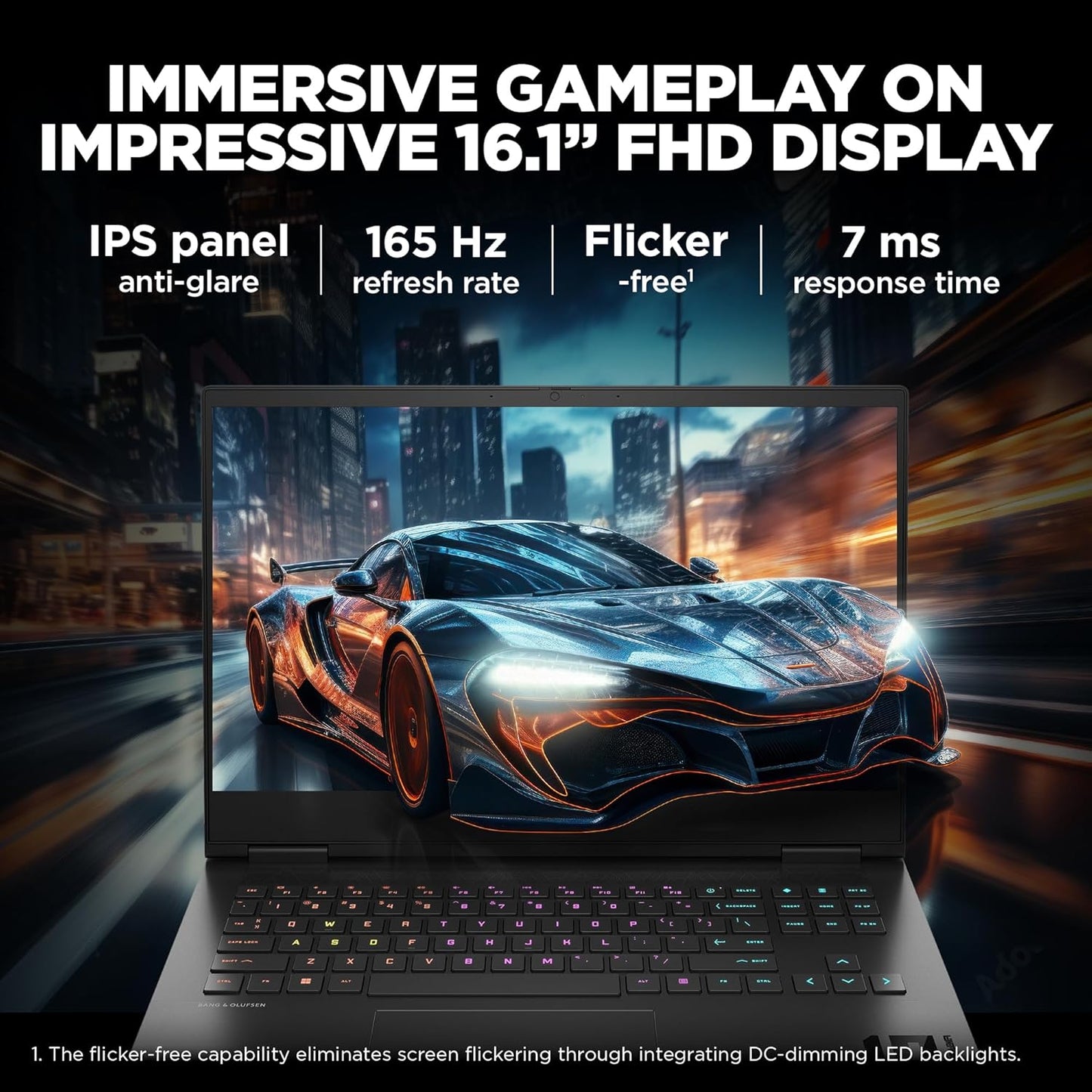 HP Gaming Omen 16 laptop with 16.1 inch FHD display, IPS panel, 165 Hz refresh rate, flicker-free screen, and 7 ms response time
