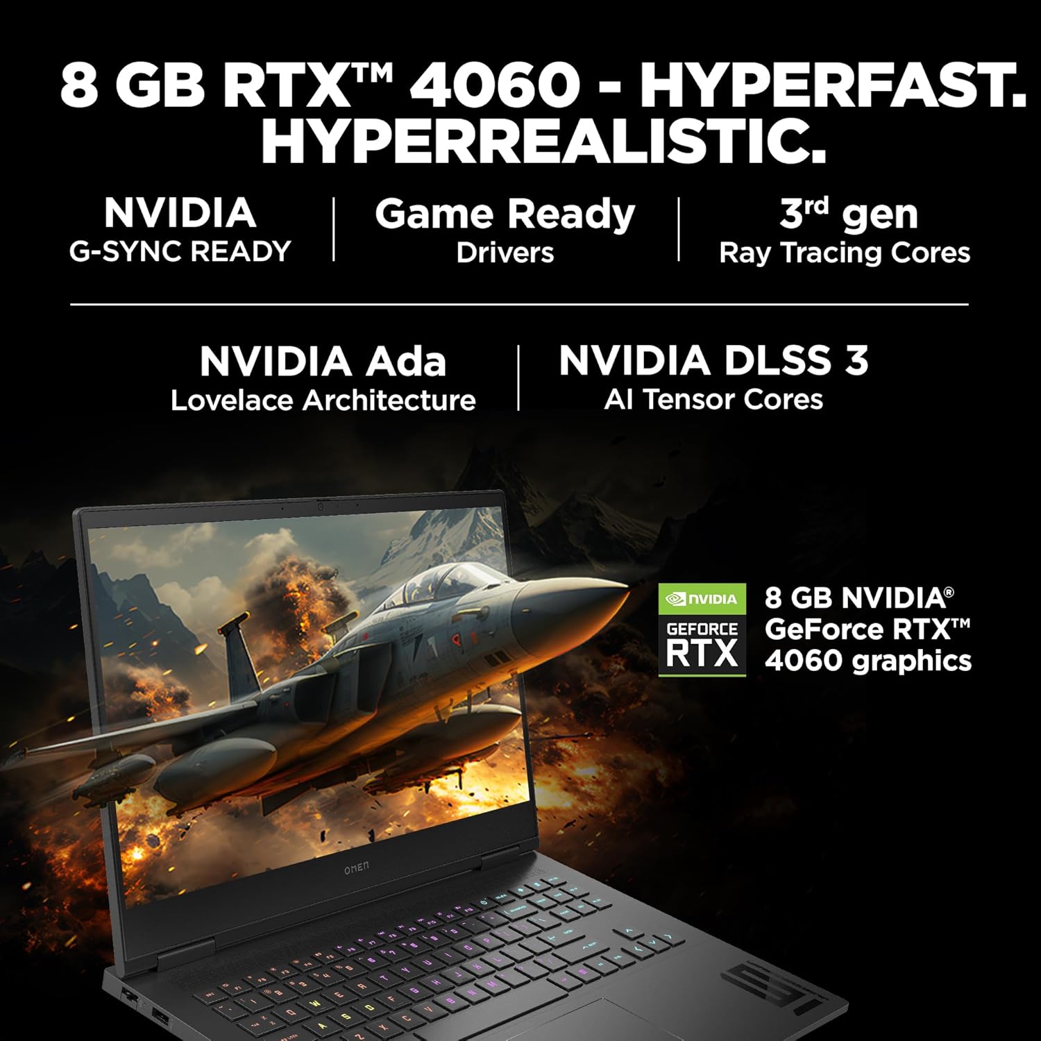 HP Gaming Omen 16 laptop with 8 GB RTX 4060 GPU, NVIDIA G-SYNC, and advanced ray tracing features