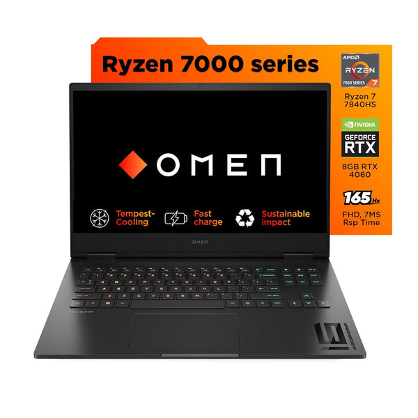 HP Gaming Omen 16 laptop with Ryzen 7000 series, NVIDIA GeForce RTX 4060, and RGB keyboard lighting