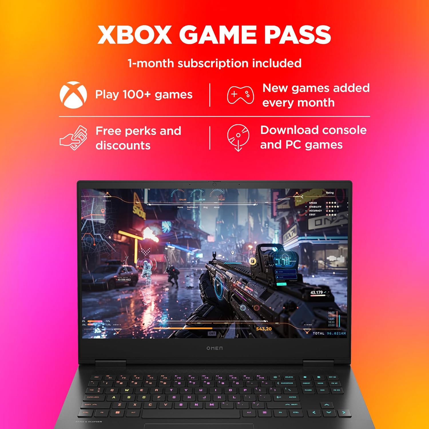 HP Gaming Omen 16 laptop with RGB keyboard displaying a futuristic first-person shooter game