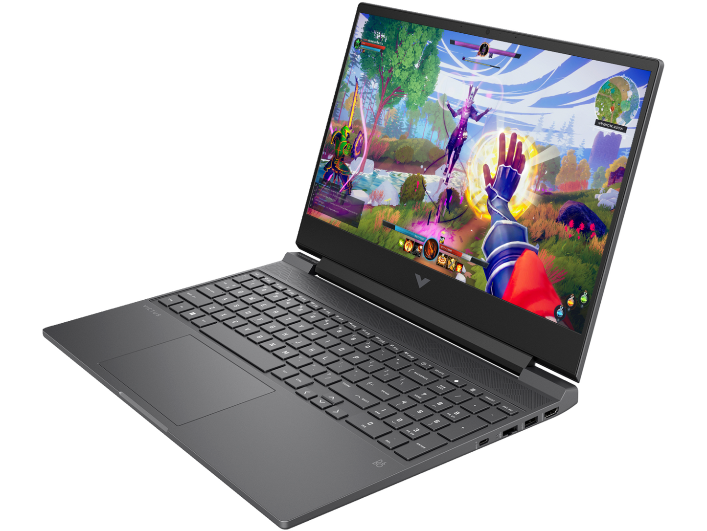 HP Gaming Victus 15 laptop shown open with colorful video game on screen and black keyboard