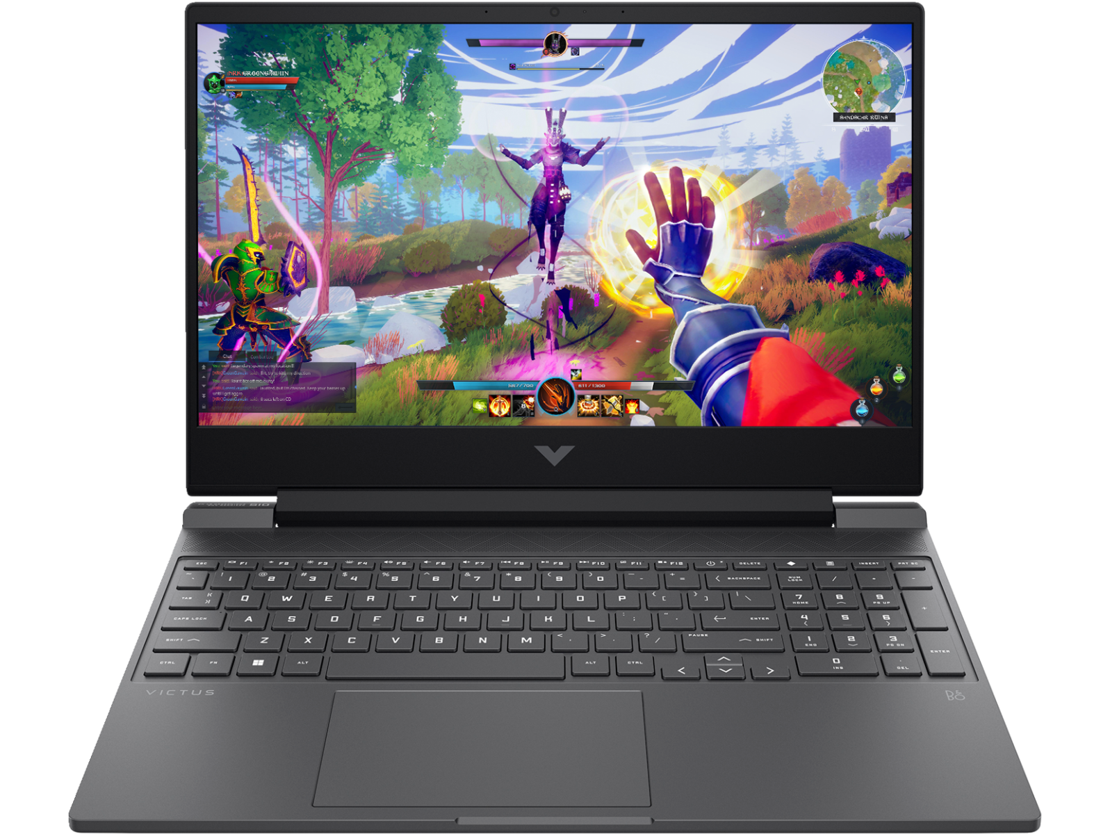 HP Gaming Victus 15 laptop showing colorful fantasy game on display with full keyboard