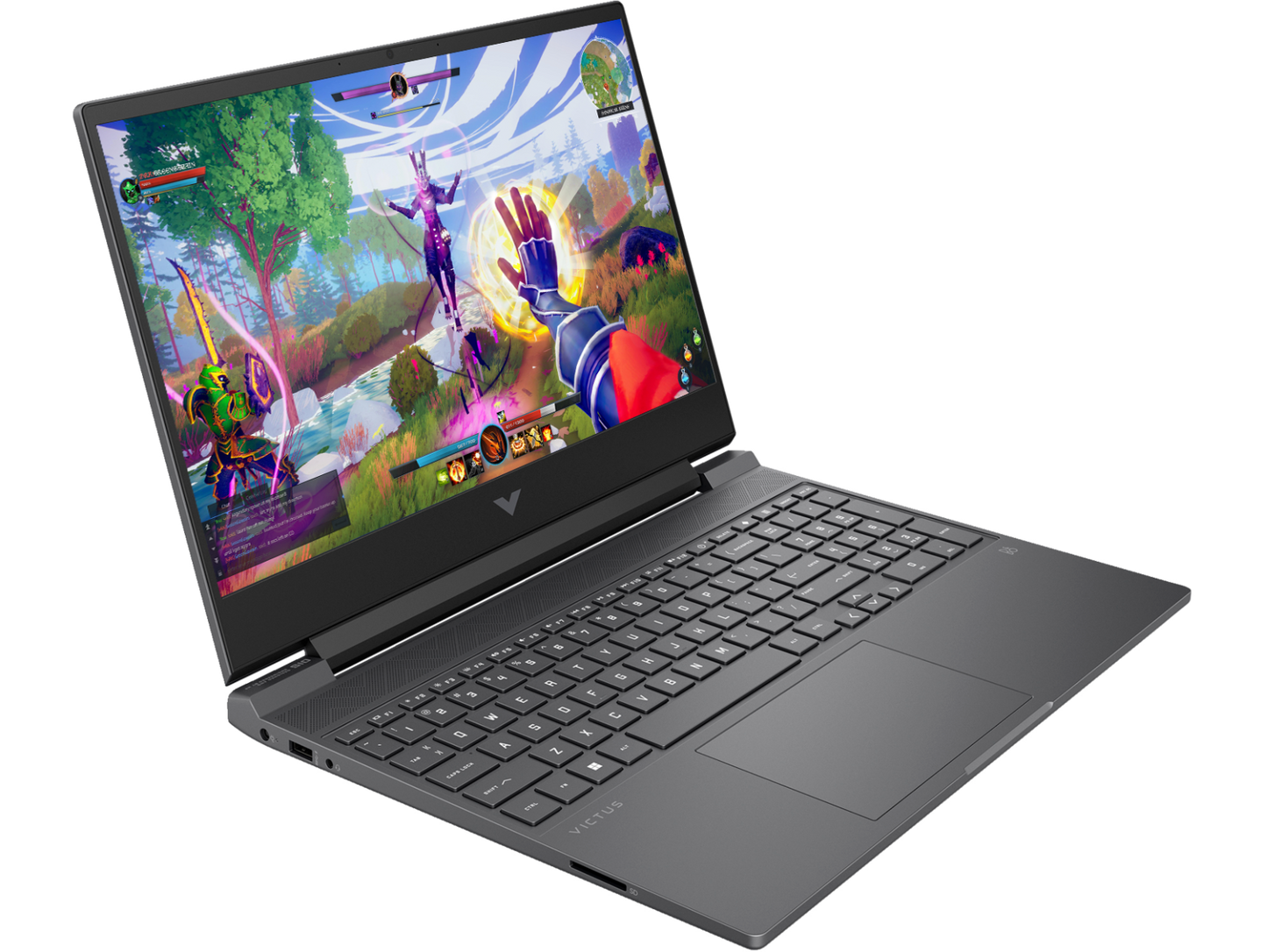 HP Gaming Victus 15 laptop open with colorful action game displayed on screen and black keyboard