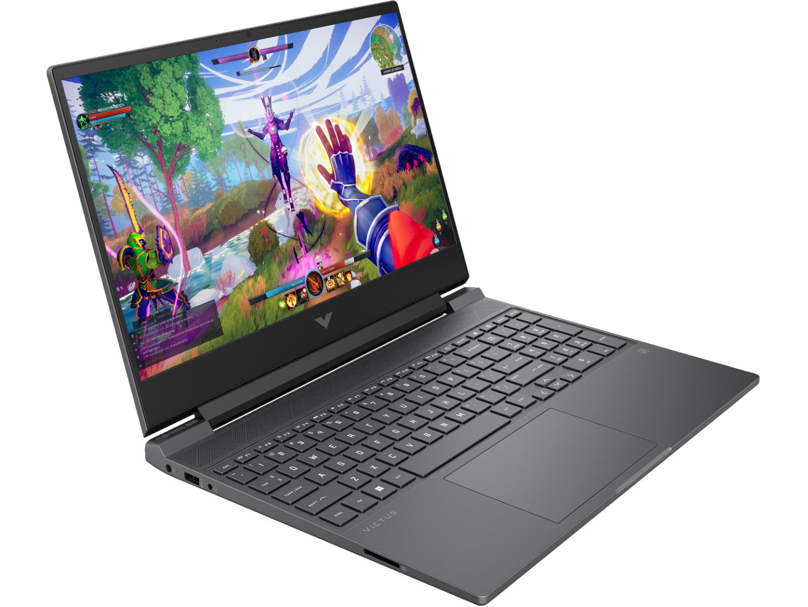 HP Gaming Victus 15 laptop open with colorful action game displayed on screen and black keyboard