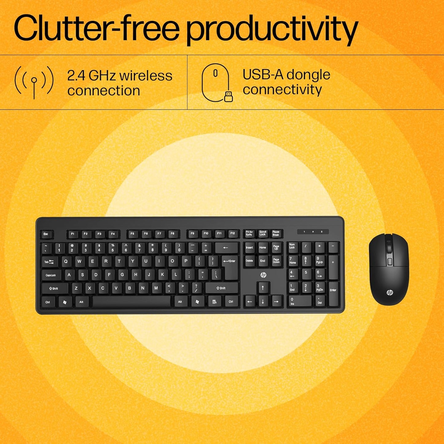 HP KM200 wireless combo with full-size keyboard and wireless mouse featuring 2.4 GHz connection and USB-A dongle