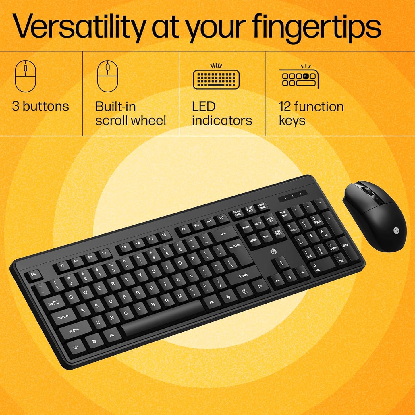 HP KM200 wireless combo with black keyboard and mouse featuring 3 buttons and built-in scroll wheel