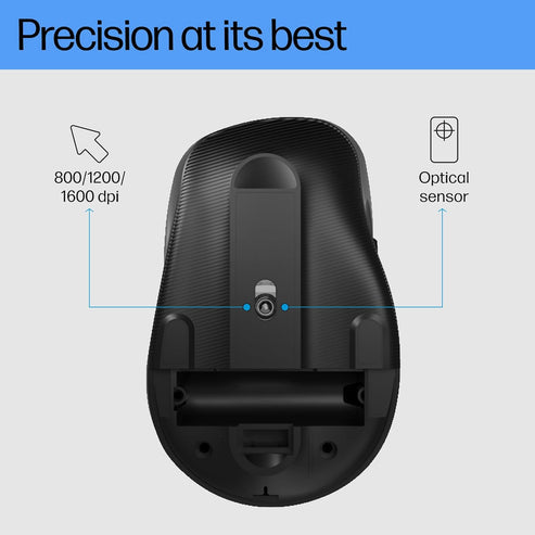 Bottom view of HP M120 wireless mouse showing optical sensor and adjustable DPI settings
