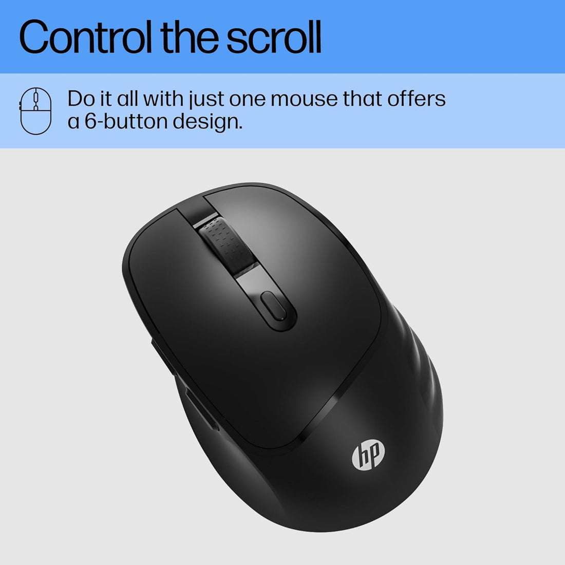 HP M120 wireless mouse in black with six-button design for efficient scrolling and control