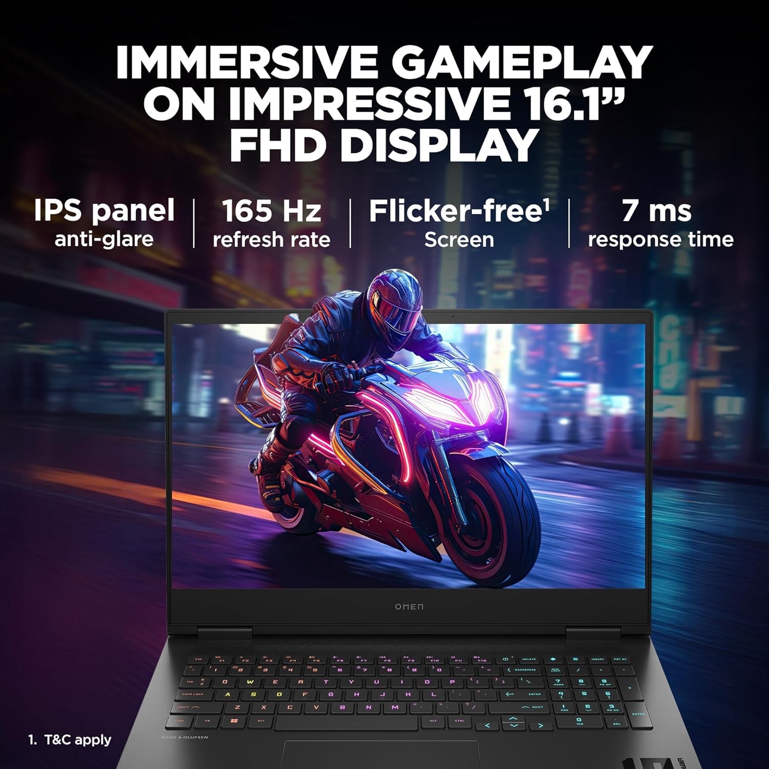 HP Omen 16 gaming laptop with 16.1 inch FHD display, IPS anti-glare panel, 165Hz refresh rate, and RGB backlit keyboard