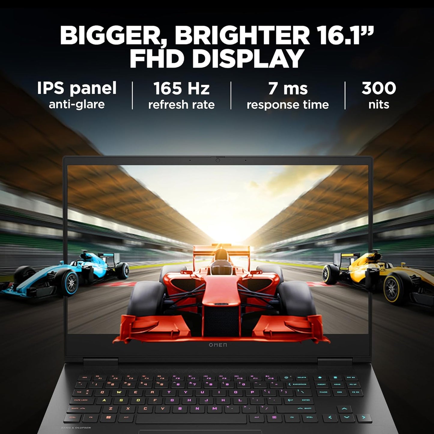 HP Omen 16 gaming laptop with 16.1 inch FHD IPS display featuring 165 Hz refresh rate and RGB keyboard