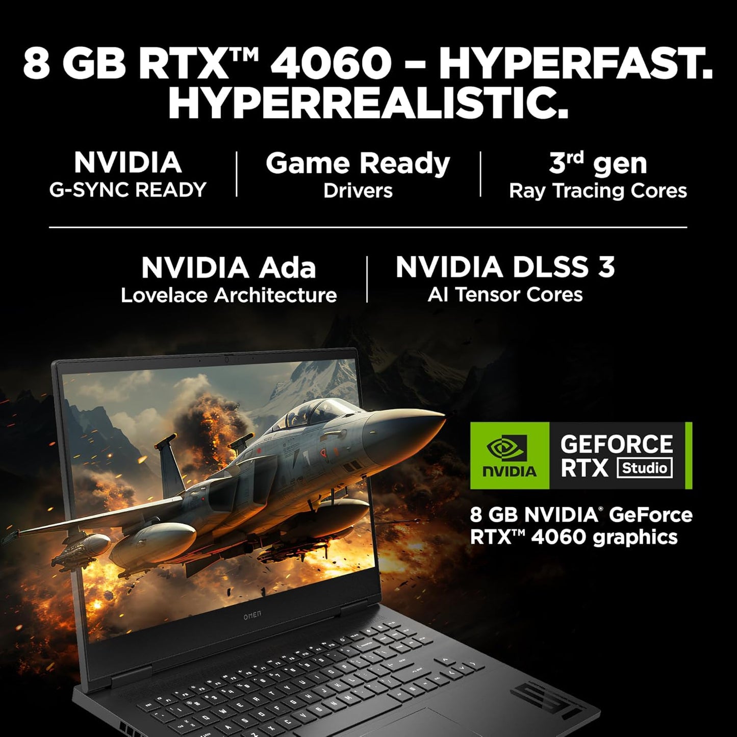 HP Omen 16 gaming laptop showing fighter jet graphics with NVIDIA GeForce RTX 4060 8GB GPU features