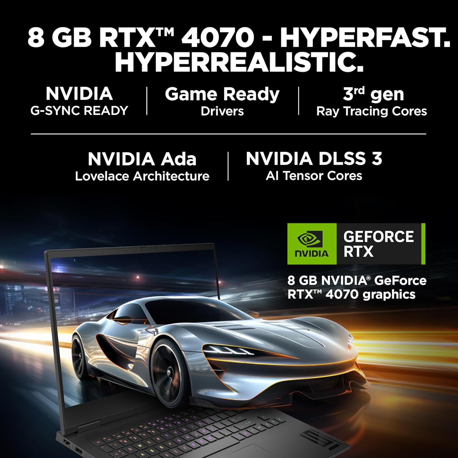 HP Omen 16 gaming laptop featuring 8 GB RTX 4070 graphics with NVIDIA G-SYNC and ray tracing technology