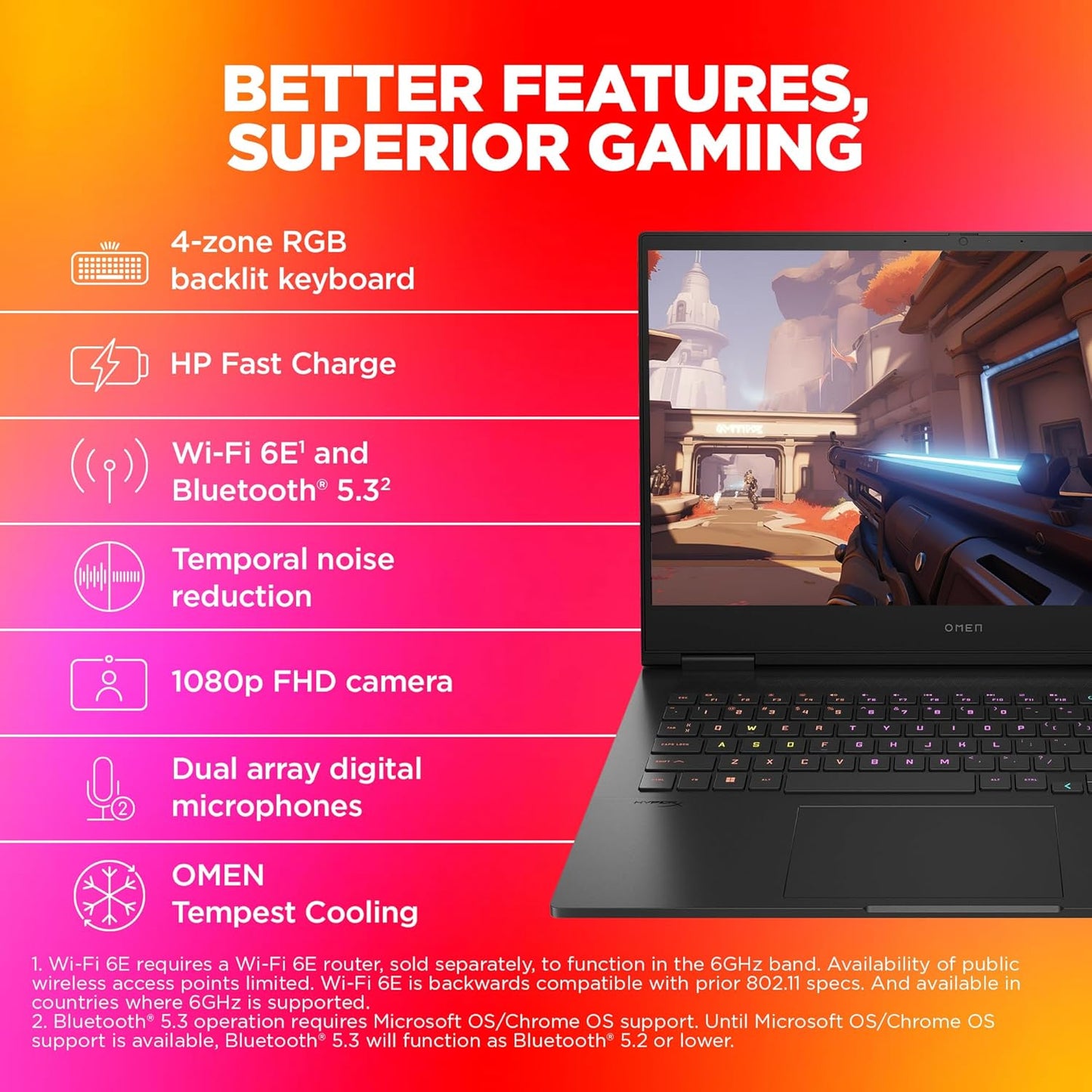 HP Omen 16 gaming laptop with 4-zone RGB backlit keyboard and gaming screen display