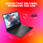 HP Omen 16 gaming laptop showing 16.1 inch screen with slim 0.93 inch thickness and gaming graphics display
