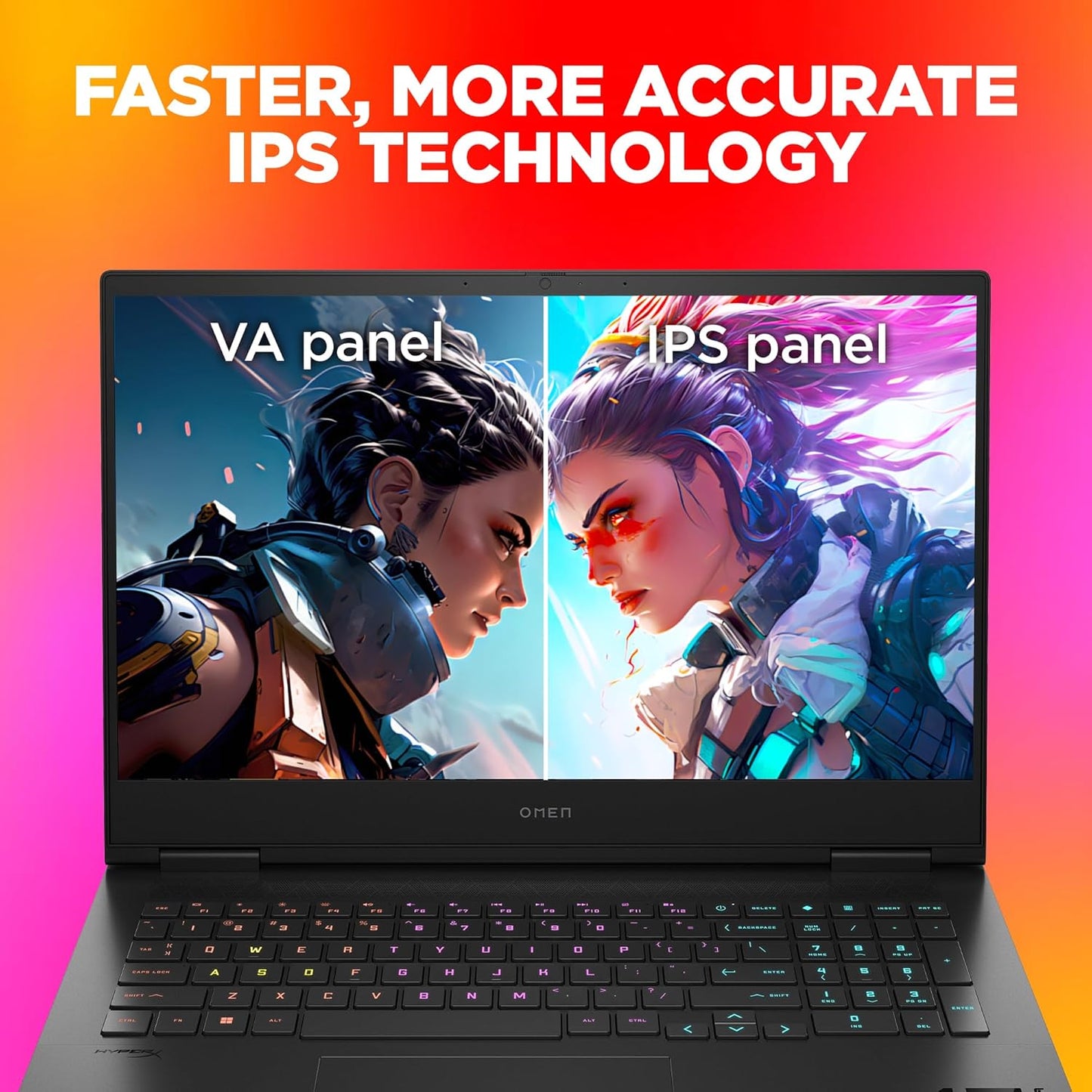 HP Omen 16 gaming laptop showing faster, more accurate IPS technology with side-by-side VA and IPS panel comparison