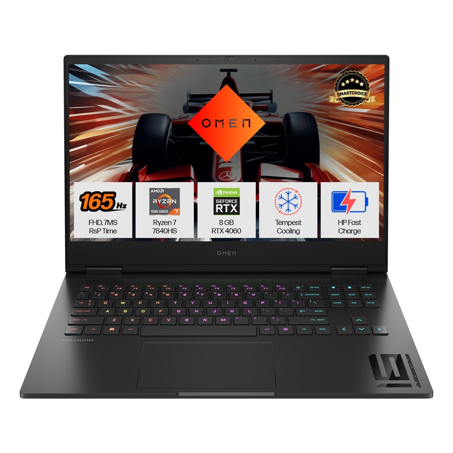 HP Omen 16 gaming laptop with Ryzen 7 CPU, RTX 4060 GPU, 165Hz display, and RGB backlit keyboard
