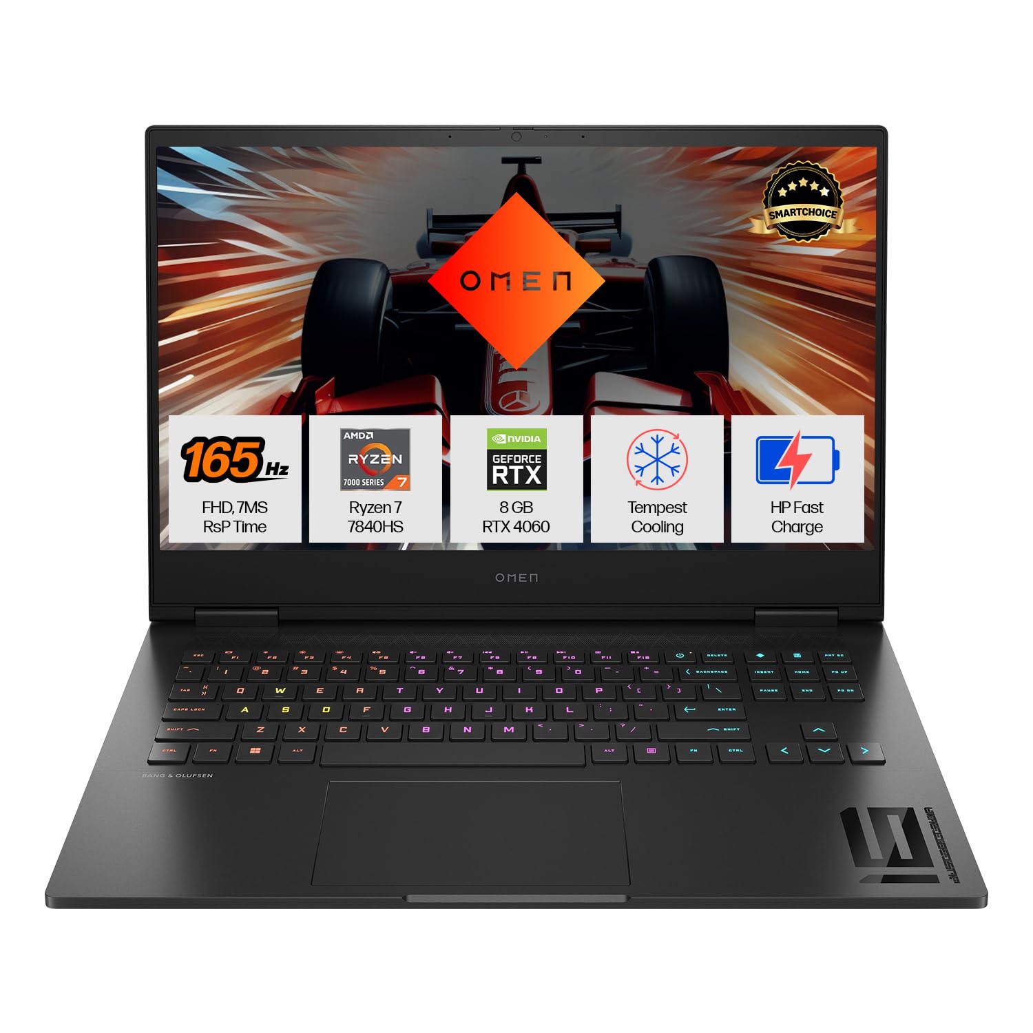 HP Omen 16 gaming laptop with Ryzen 7 CPU, RTX 4060 GPU, 165Hz display, and RGB backlit keyboard