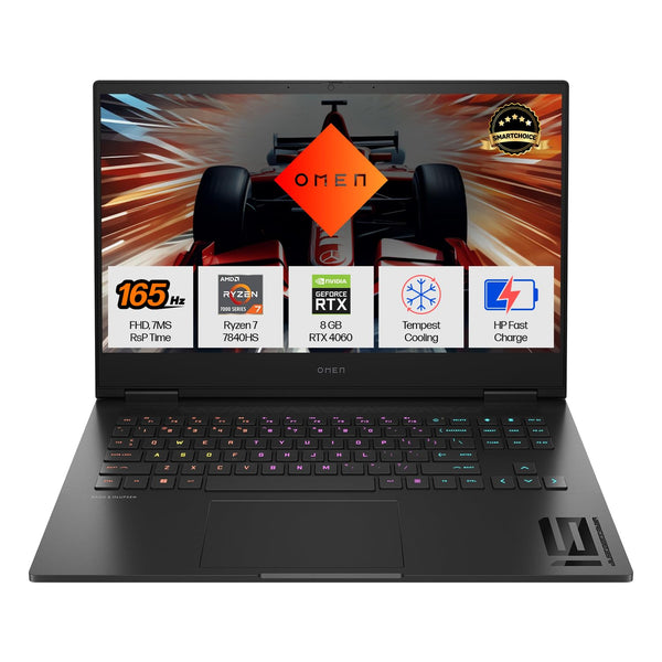 HP Omen 16 gaming laptop with Ryzen 7 CPU, RTX 4060 GPU, 165Hz display, and RGB backlit keyboard