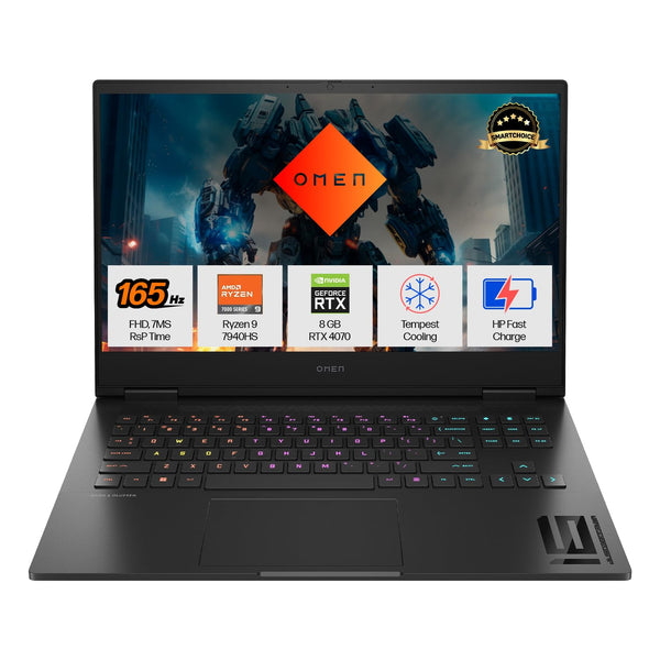 HP Omen 16 gaming laptop with RGB keyboard, Ryzen 9 7940HS, NVIDIA RTX 4070, and fast charging
